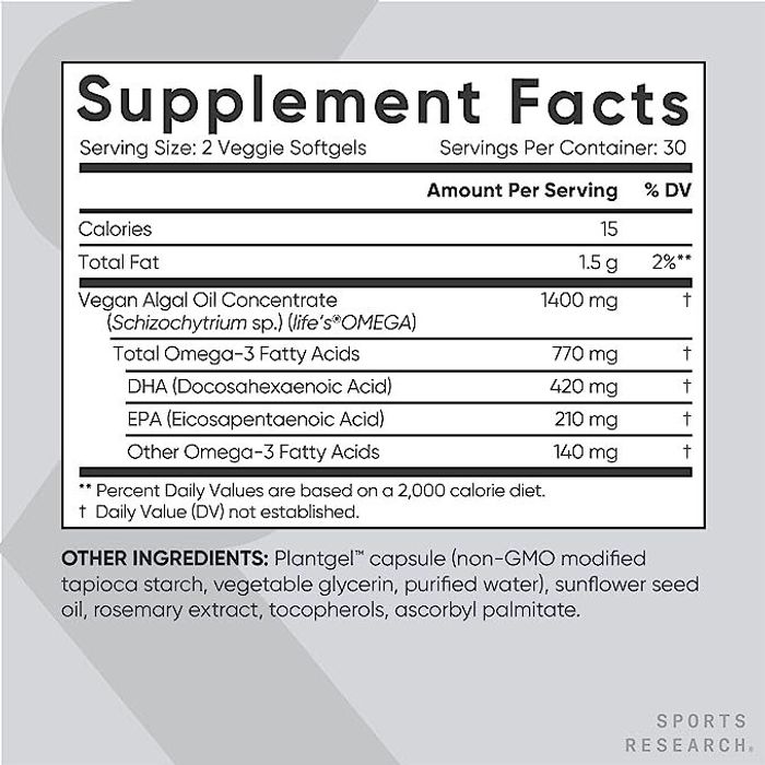 Вегетарианская Омега-3 630 мг, Vegan Omega-3 630 mg, Sports Research, 60 капсул 2