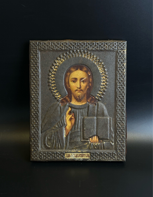 Икона Иисус Христос Господь Вседержитель Спаситель, дерево, хромолитография на жести, Российская империя, 1900-1915 гг.