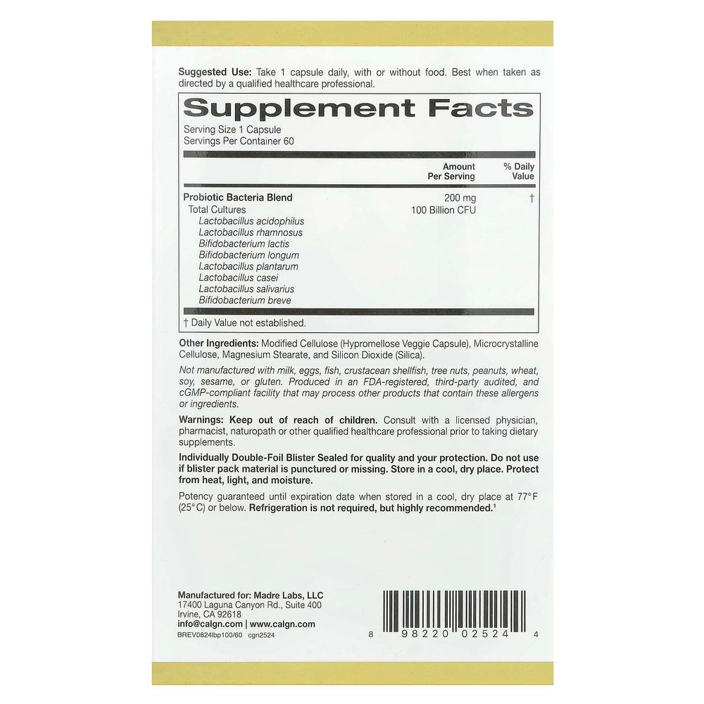 California Gold Nutrition, LactoBif® 100, пробиотики, 100 млрд КОЕ, 60 растительных капсул