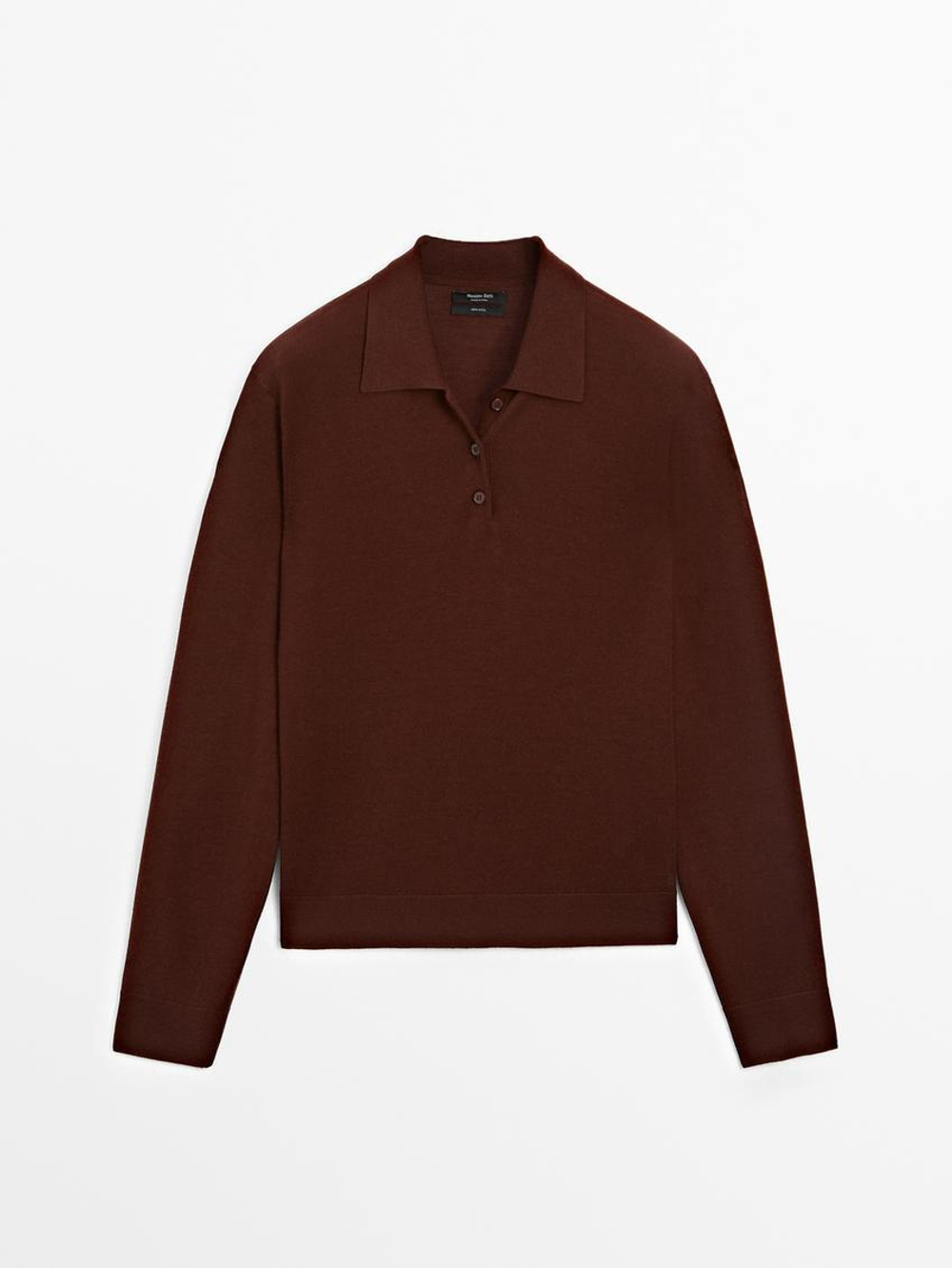 Massimo Dutti Свитер из 100% шерсти с воротником поло и пуговицами, черепичный