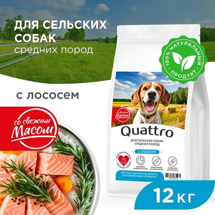 Корм сухой для взрослых собак средних пород, премиум полнорационный комплекс, для живущих в сельской местности, с лососем, 12 кг, QUATTRO