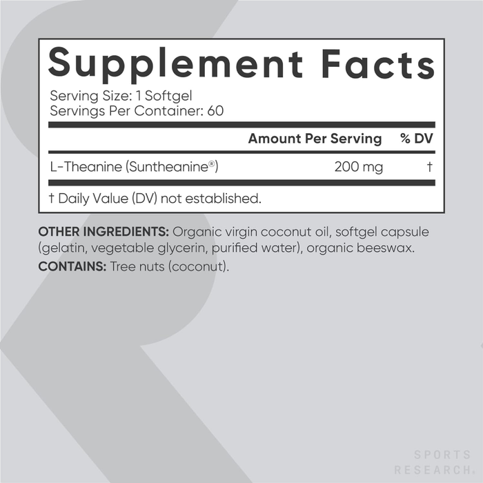 Аминокислота L-теанин, 200 мг, L-Theanine Suntheanine 200mg, Sports Research (60 капсул)