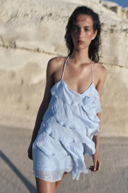 ZARA КОРОТКОЕ ПЛАТЬЕ С ВОЛАНАМИ, НЕБЕСНО-ГОЛУБОЙ