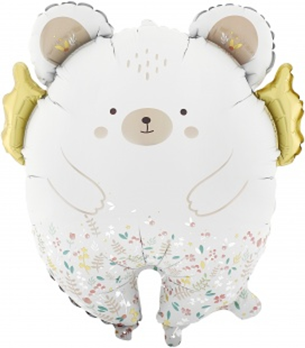 Шар (23''/58 см) Фигура, Мишка с золотыми крылышками, Сатин, 1 шт. в уп.