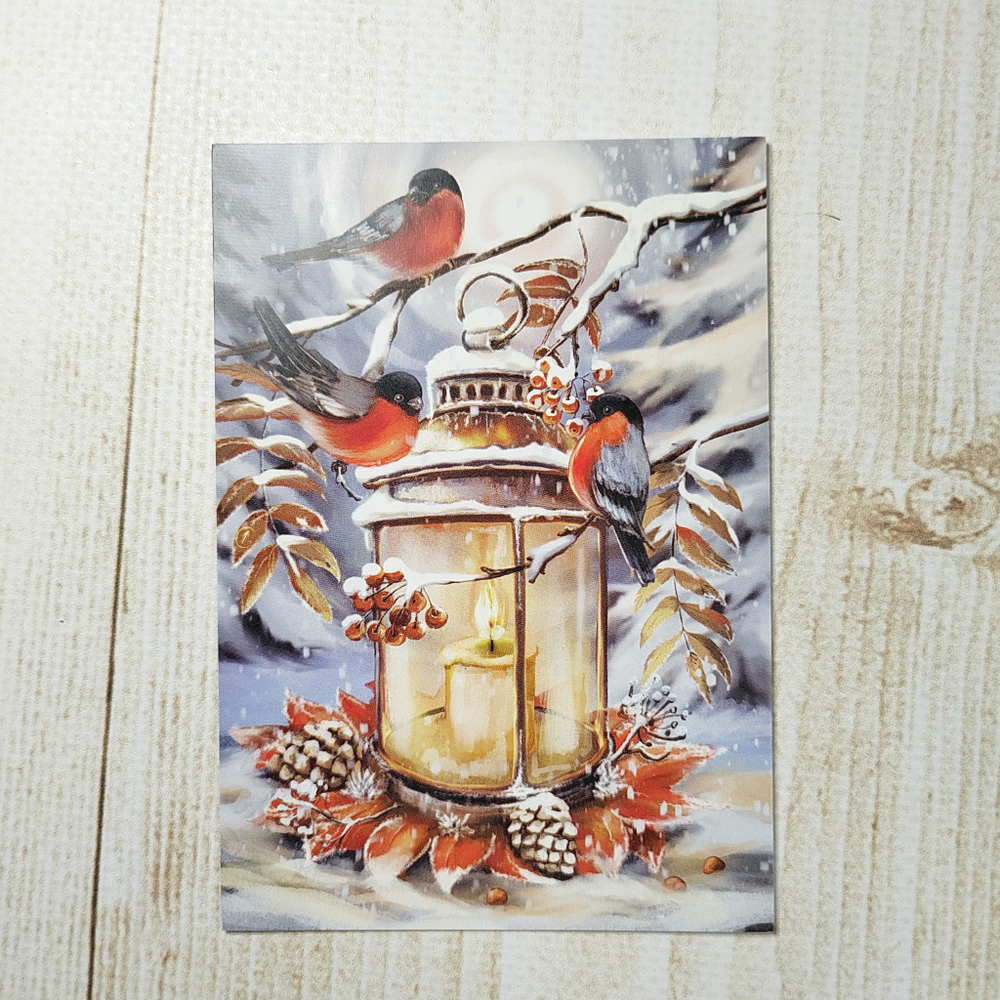 Мини-открытка "Снегири и фонарь"