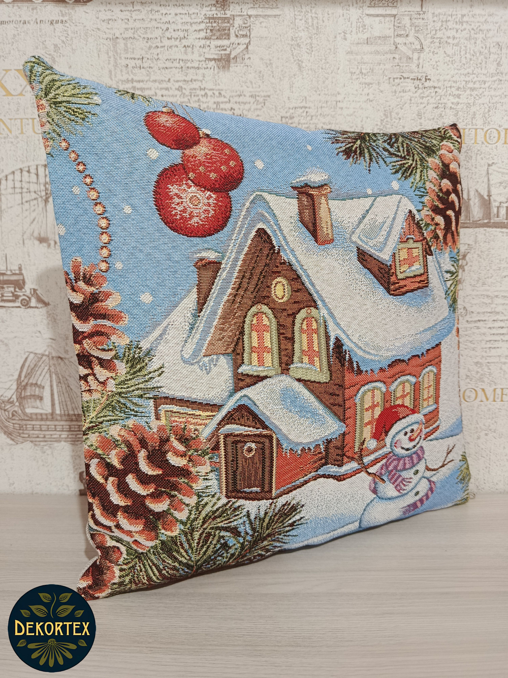 Декоративный гобеленовый чехол для интерьерной подушки Новогоднее утро 38*38