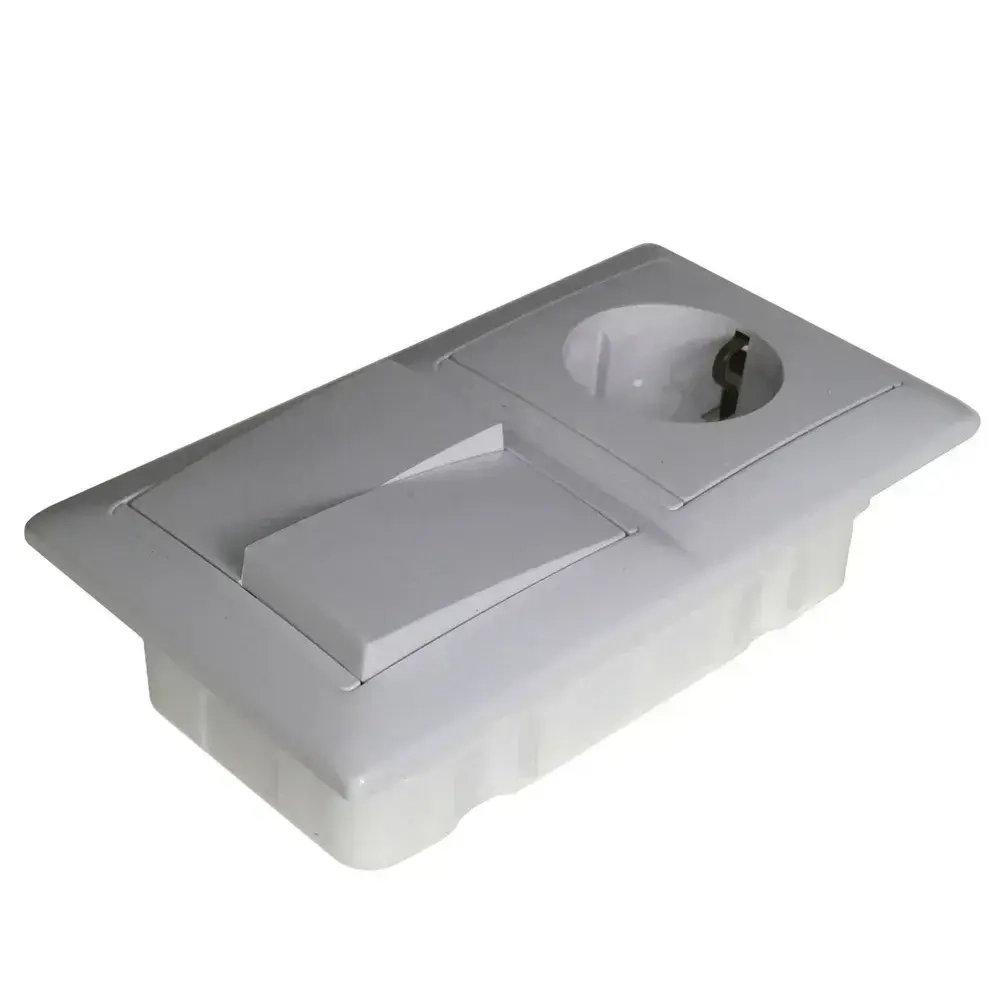 Блок Выключатель двухклавишный + розетка с заземлением скрытой установки BYLECTRICA СветоПрибор серия СТИЛЬ, белый, 2В-РЦ-693