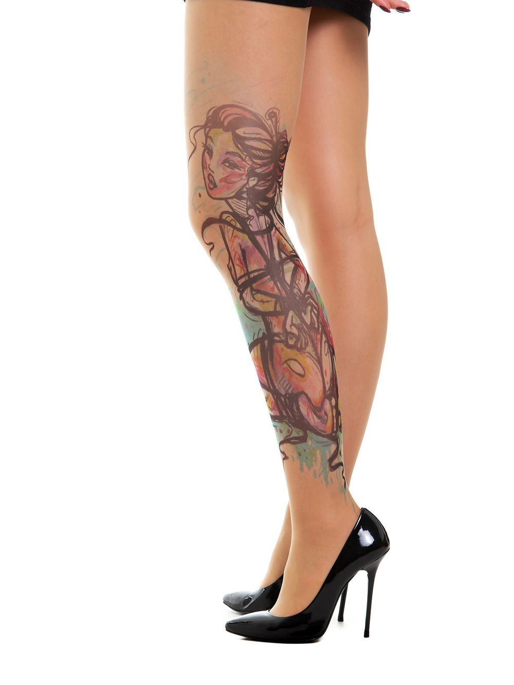 Колготки с принтом на левом ножке в виде связанной девушки (Размер: S-M-L) (Цвет: бежевый)