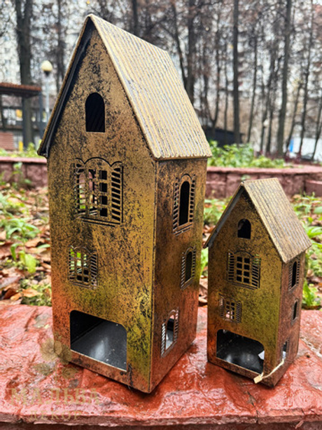 Подсвечник "Домик" большой античное золото 16x16xH42 см