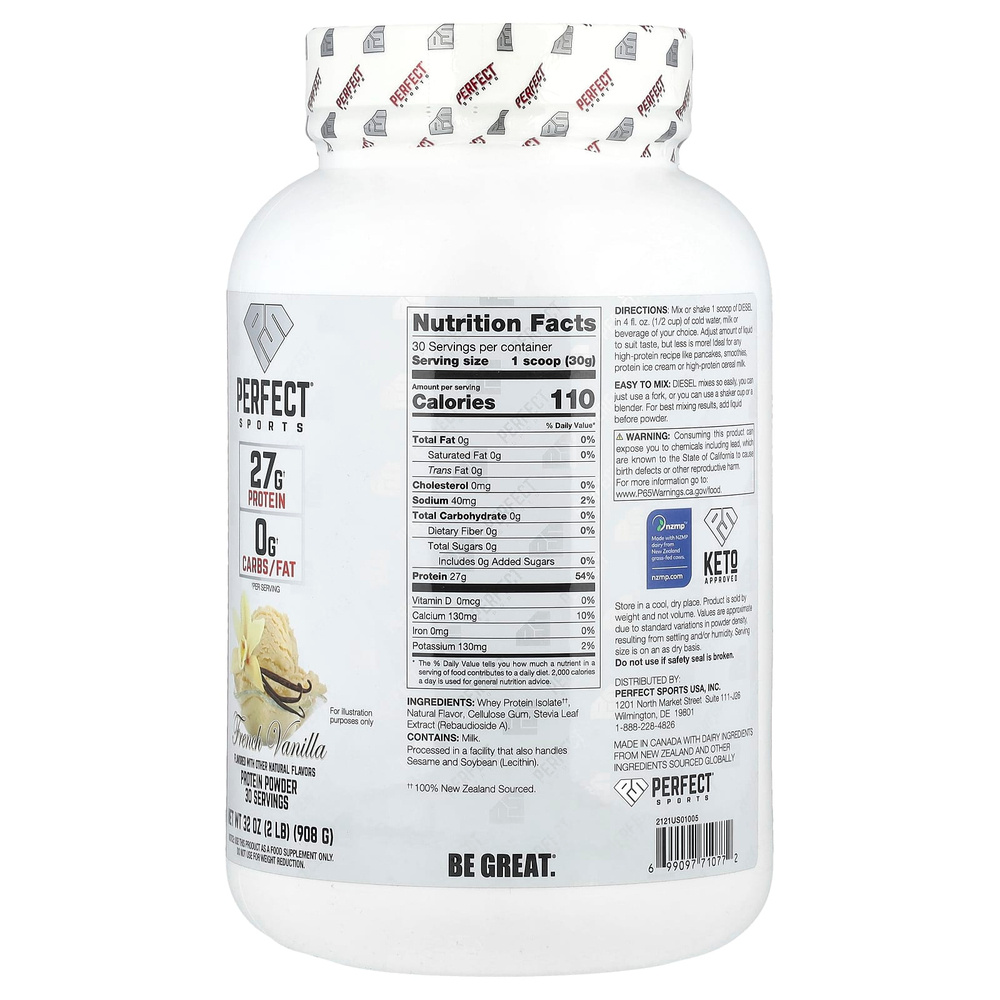 PERFECT Sports, Diesel®, новозеландский изолят сыворотки, французская ваниль, 908 г (2 фунта)