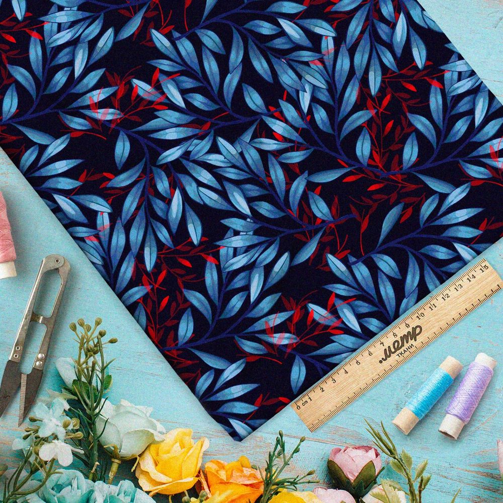 Ткань оксфорд 600 контрастные листья в темноте на чёрном фоне