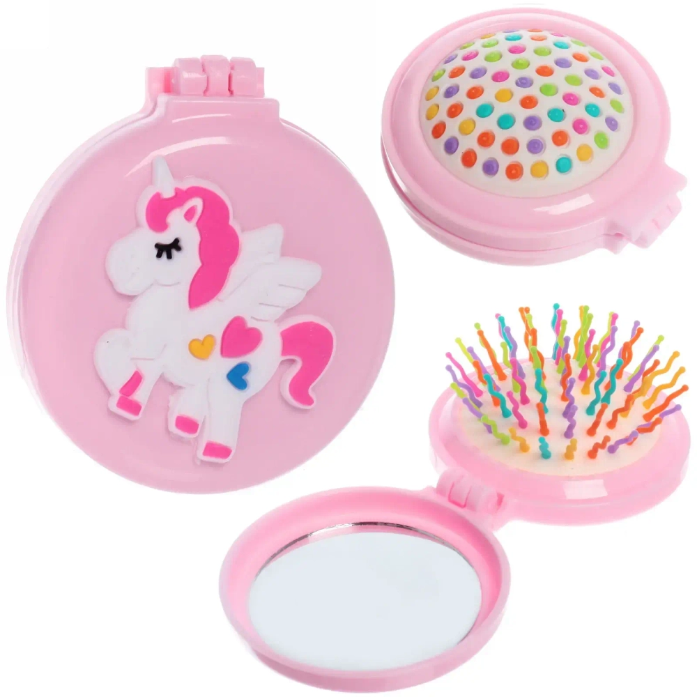 Расческа массажная детская складная «Barbariska» с зеркалом, единорожек, цвет микс, d-7см