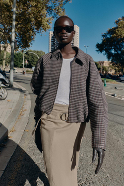 ZARA УТЕПЛЕННЫЙ БОМБЕР С УЗОРОМ «ГУСИНАЯ ЛАПКА», СЕРЫЙ/НЕЖНО-КОРИЧНЕВЫЙ