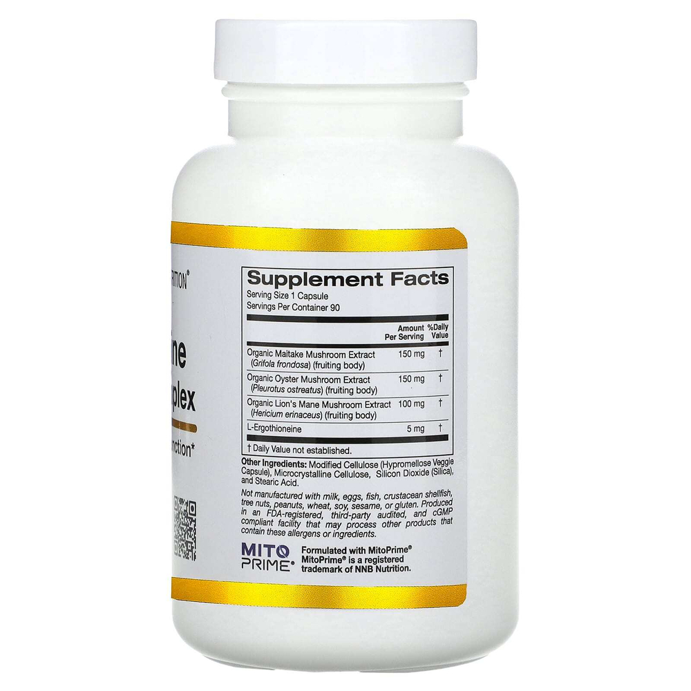 California Gold Nutrition, комплекс грибов с эрготионеином, с экстрактами органического гриба-барана, органической вёшенки, органического ежовика гребенчатого и L-эрготионеином, 90 растительных капсул