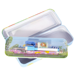 Пенал с наполнением, металлический 2 отделения Alingar, линейка 15 см, 1 ч/г каран, 1 точил, 1 ласт, 1 флом, 75 х 210 мм, "Hello friend", ассорти