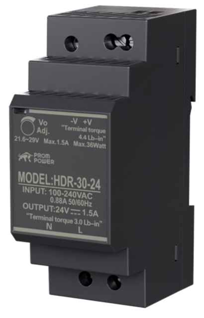 Источник питания PROMPOWER HDR-30-24, на вых. 24 В DC, 1.5А, 36Вт. Вх. 85-264В AC (120-370 В DC)