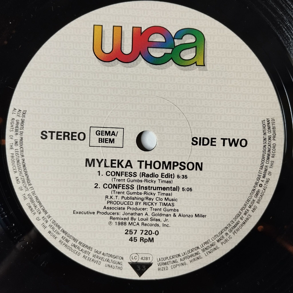 Винтажная виниловая пластинка LP Myleka Thompson Confess (Germany 1988) 45 RPM Maxi Single