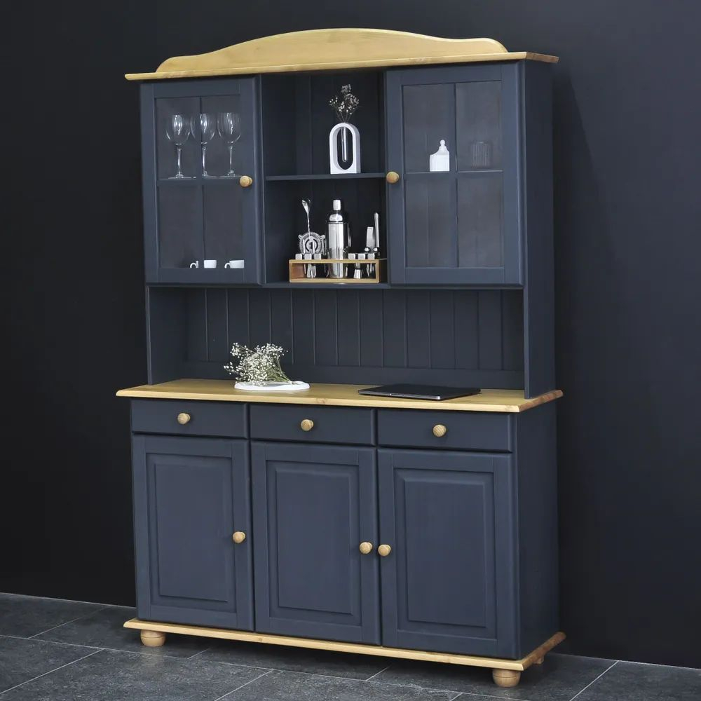 Витрина 132х28х109, Лена, стеклянная для посуды, буфет шкаф двухдверный, массив сосны, с 3 полками (верхняя часть буфета Лена), серый, Dipriz