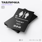 Табличка Туалет налево и направо, на дверь и стену, информационная и мультиязычная (русский, английский, китайский), серия GLOBAL, 25х15 см, Айдентика Технолоджи