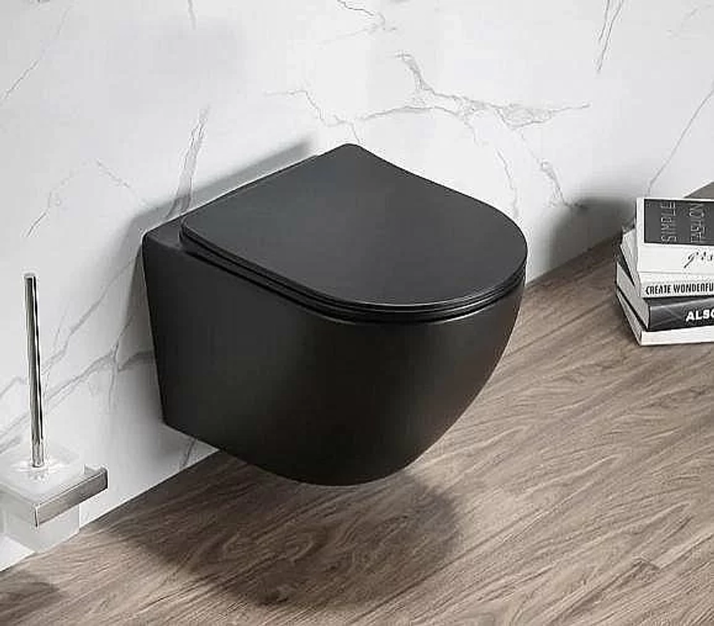 Унитаз подвесной SantiLine SL-5018MB+SL-03 безободковый, с инсталляцией, с крышкой микролифт, черный матовый/кнопка черная матовая