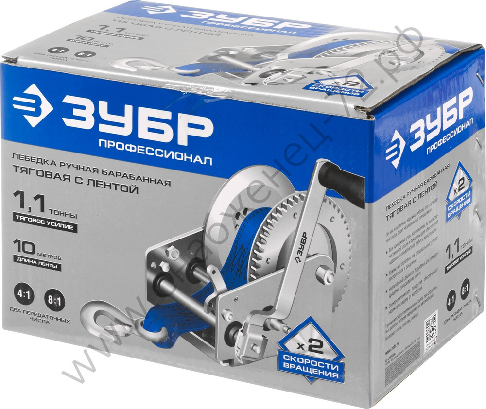 ЗУБР 1.1 т, 10 м, ручная барабанная тяговая ленточная лебедка, Профессионал (43115-1.1)