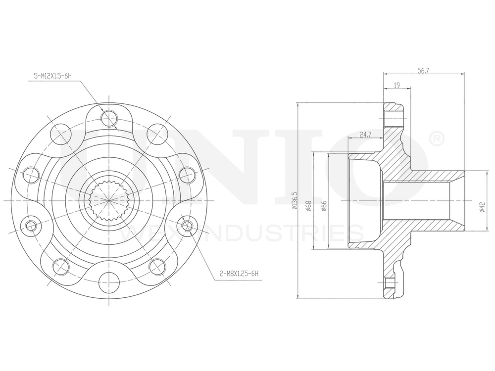 Ступица передняя/задняя (без ABS) UNIO HUB-20156