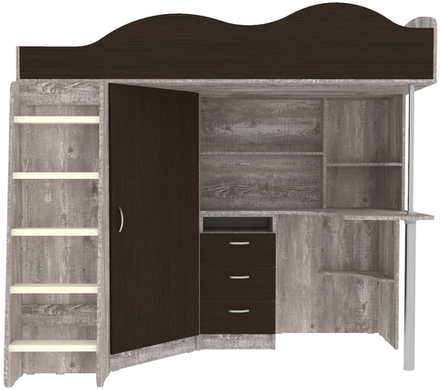 Кровать-чердак КарИВи Пионер с деревянной лестницей Бетон Венге