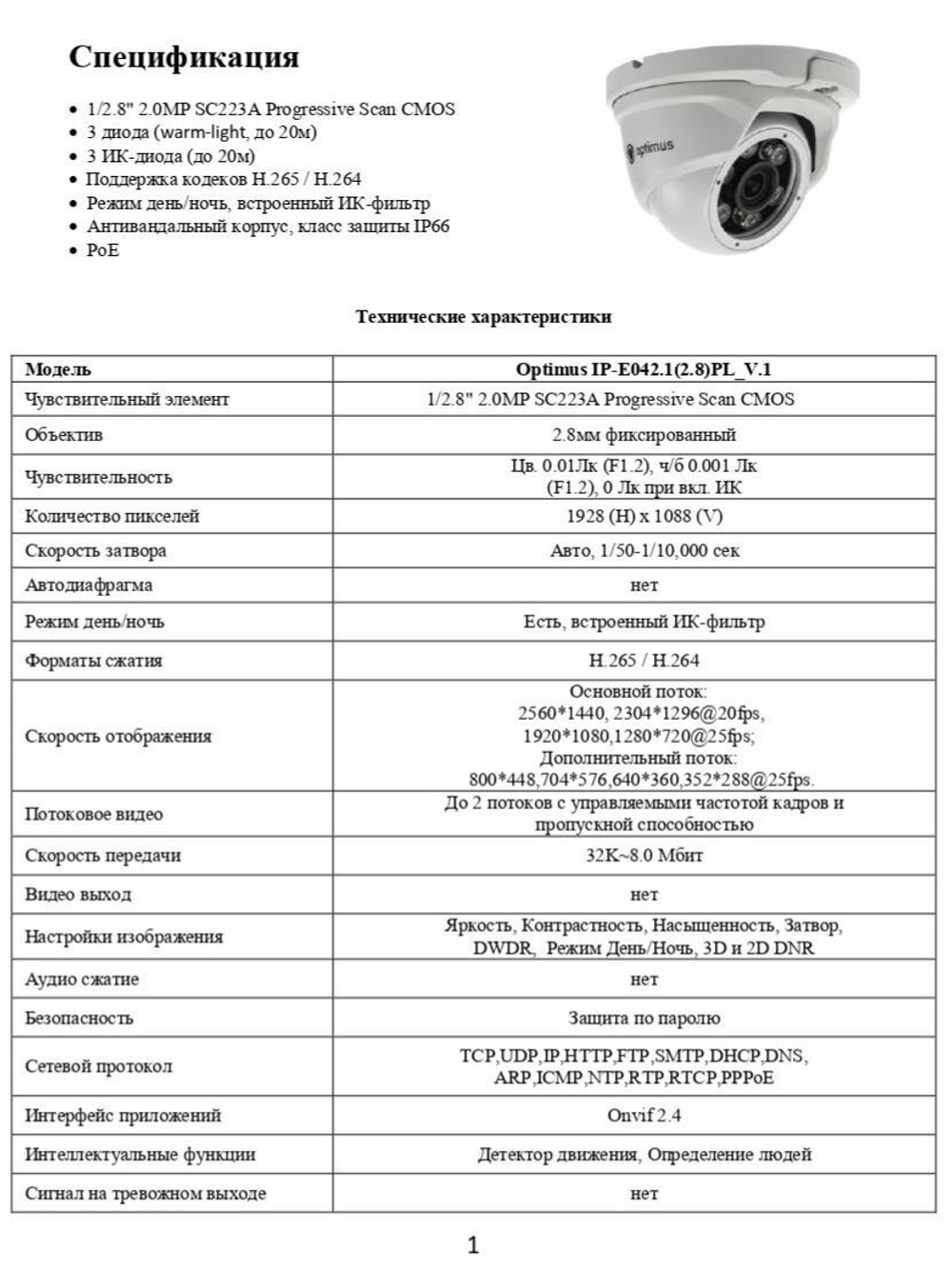 Видеокамера Optimus IP-E042.1(2.8)PL_V.1