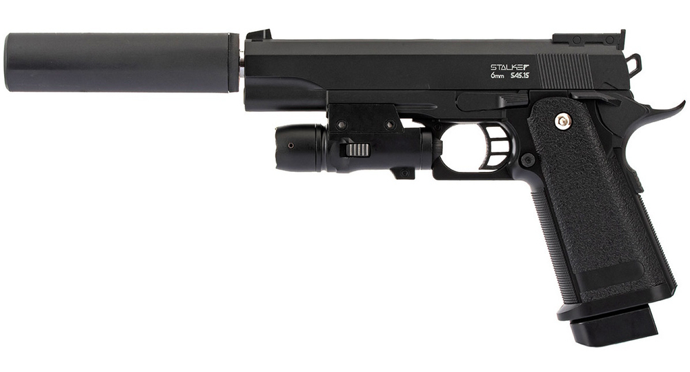 STALKER mod. SA5.1S Spring пист.пнев. (аналог Hi-Capa 5.1)+имитатор ПБС, ЛСУ к. 6мм металл черный