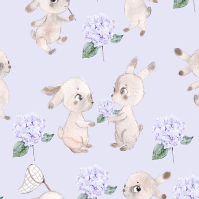 Зайцы и гортензии на сиреневом
