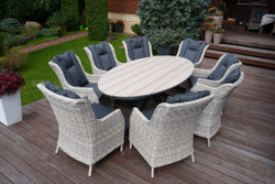 Комплекты садовой мебели из искусственного ротанга : обеденный стол ЛУГАНО ( 2.2Х 1.14 м) + 8 кресел БЕРГАМО(цвет серый)