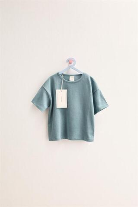 ZARA TIMELESS - ОДНОТОННАЯ ФУТБОЛКА ИЗ ХЛОПКА И ЛЬНА, ВЫЦВЕТШИЙ СИНИЙ