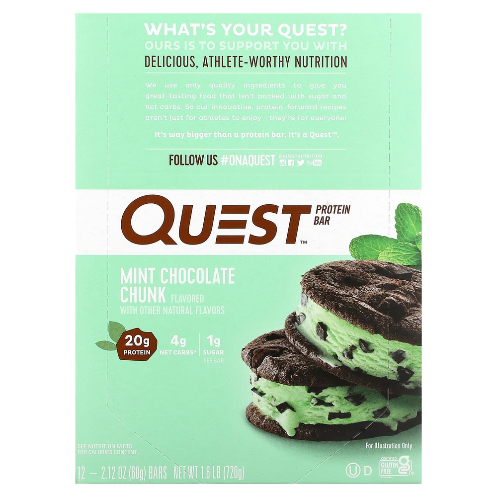 Quest Nutrition, протеиновый батончик, с кусочками мятного шоколада, 12 батончиков по 60 г (2,12 унции)