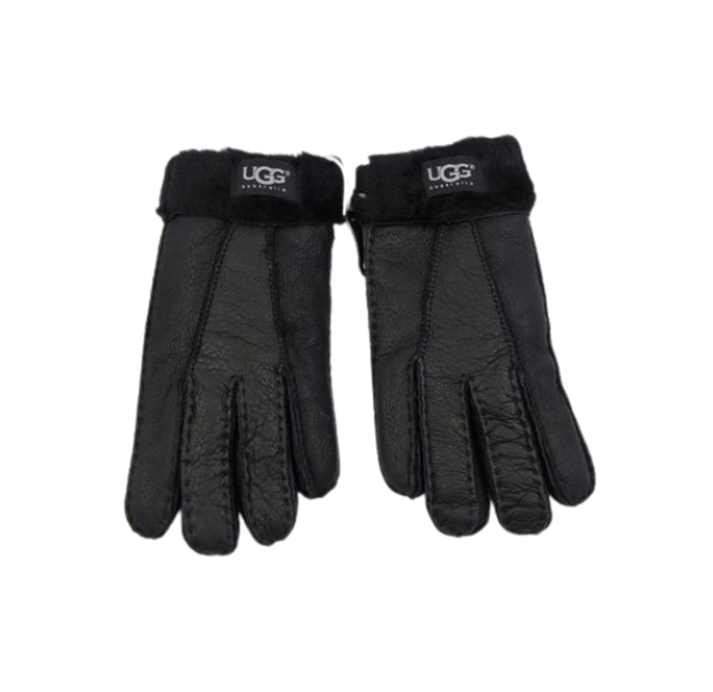 Женские Меховые Перчатки Ugg Черные Кожаные (04)