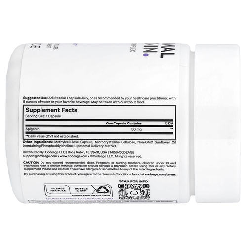 Codeage, липосомальный апигенин, фосфолипидный комплекс, 90 растительных капсул (50 мг в 1 капсуле)