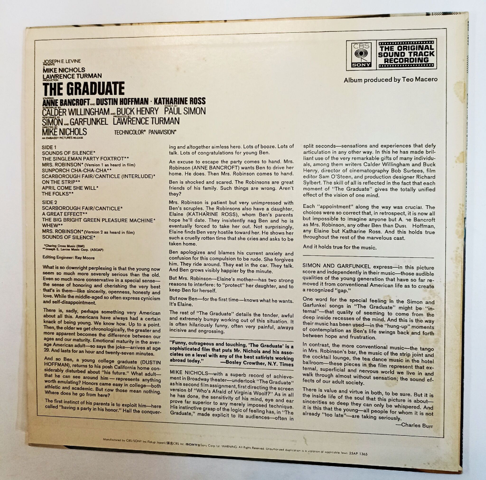 Винтажная виниловая пластинка LP Paul Simon, Simon and Garfunkel, David Grusin The Graduate: The Original Sound Track Recording (Japan 1978)