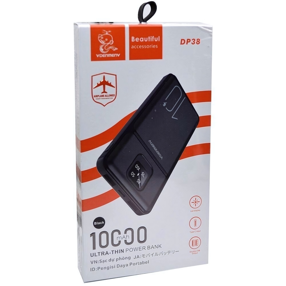 Внешний аккумулятор DENMEN DP38 10000mAh, 2.1A, MicroUSB/Type-C+2xUSB, дисплей Black