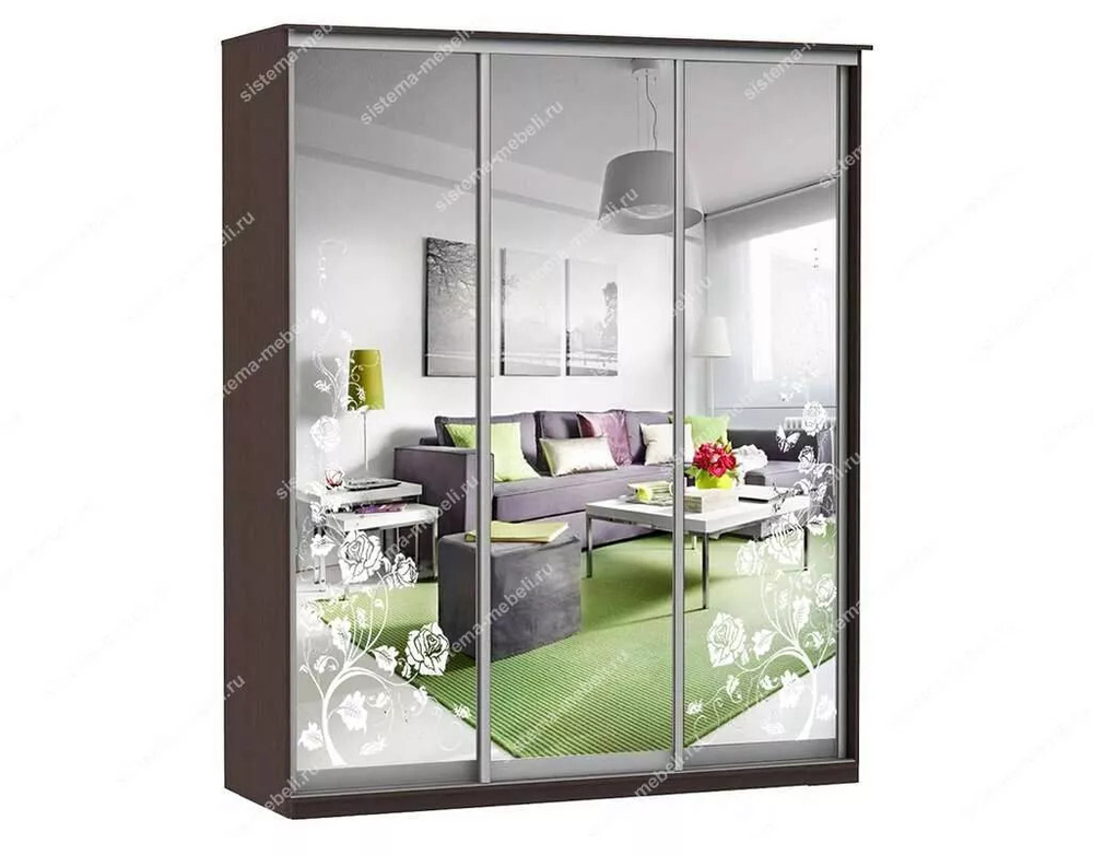 Шкаф купе Модерн 1776х450 3-х дверный 3-х секционный зеркальный с пескоструем №3 венге