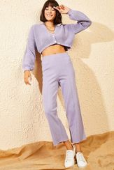 Qadın üçün beli rezinli, cibli, enli ayaqlı açıq bənövşəyi şalvar 10121083