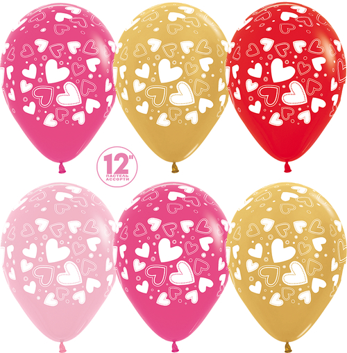 Шар (12''/30 см) Романтичные сердца, Ассорти, пастель