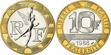 Франция 10 франков, 1988-2001 Гений свободы, Огюст Дюмон XF
