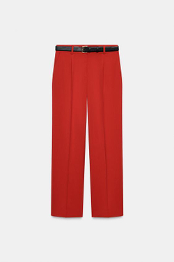 ZARA ПРЯМЫЕ БРЮКИ С ПОЯСОМ, ТЕМНО-РОЗОВЫЙ