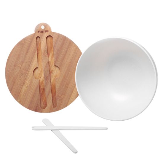 Миска для салата из бамбукового волокна Kamille КМ 4384 с бамбуковой крышкой и приборами