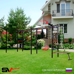 Уличная шведская стенка Sv Sport рукоход х 2 с комплектом турник прямой У54433К (Турник/Брусья/Стойка/Скамья/Со спинкой/Щит баскет/Кронш бокс/Канат/кольца/лестница)
