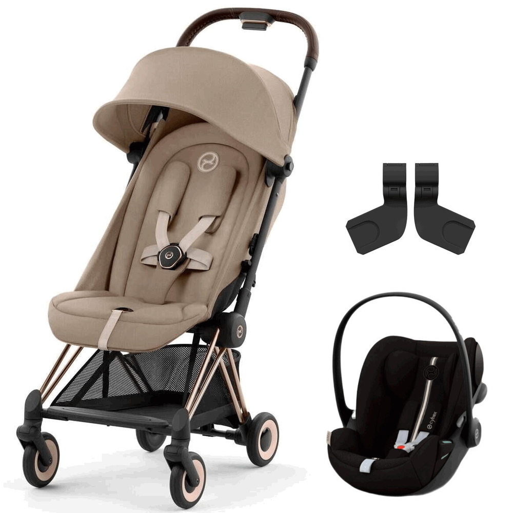 Коляска Cybex Coya Rosegold Frame Cloud G i-Size Moon Black Plus 2 в 1 Cozy Beige с дождевиком и бампером