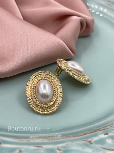 Серьги овальные золото с жемчугом гвоздики