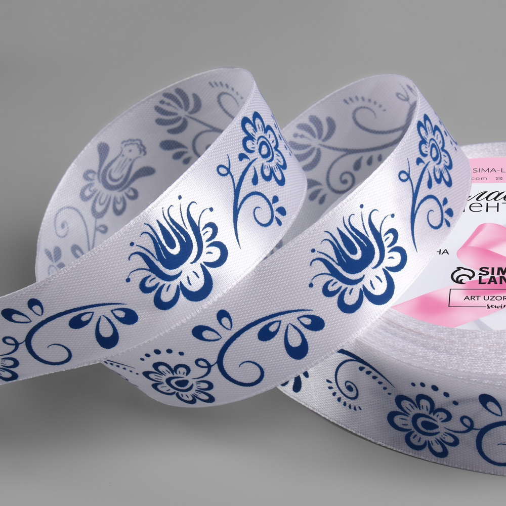 Лента атласная 25мм, гжель белый №001 АУ 9071742
