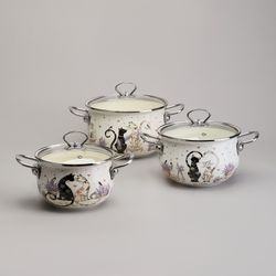 НАБОР КАСТРЮЛЬ ЭМАЛИРОВАННЫЙ, СЕРИЯ "LAVENDER CATS 6ПР. 2,0/2,8/3,8Л ДИА.18/20/22СМ