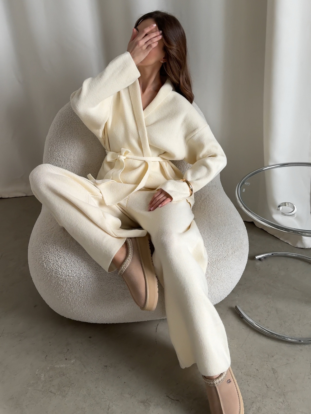 Комплект вязаный, кардиган с поясом и брюки