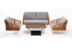 "Канны" лаунж-зона 4-местная из роупа со столом "Глория" цвет "дуб", каркас алюминиевый светло-серый, роуп оранжевый меланж